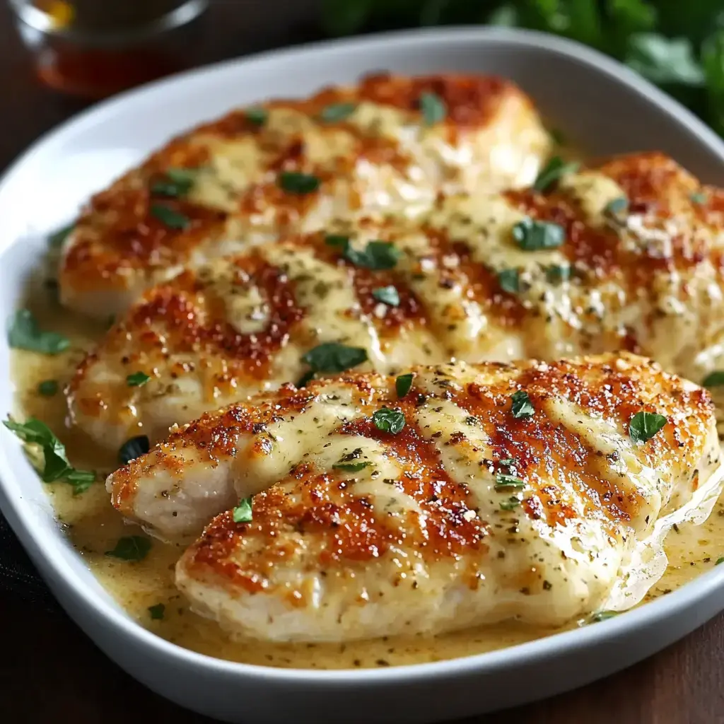 A plate of golden-brown grilled fish fillets topped with a creamy sauce and garnished with fresh herbs.