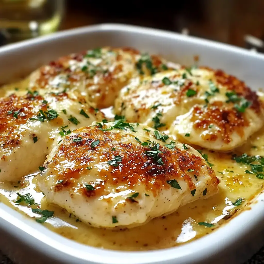 A dish of golden-brown, pan-seared fish fillets garnished with fresh herbs in a creamy sauce.