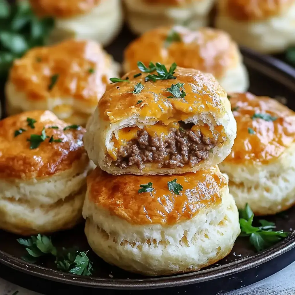 A plated dish of golden, flaky biscuits filled with seasoned ground beef and melted cheese, garnished with fresh parsley.