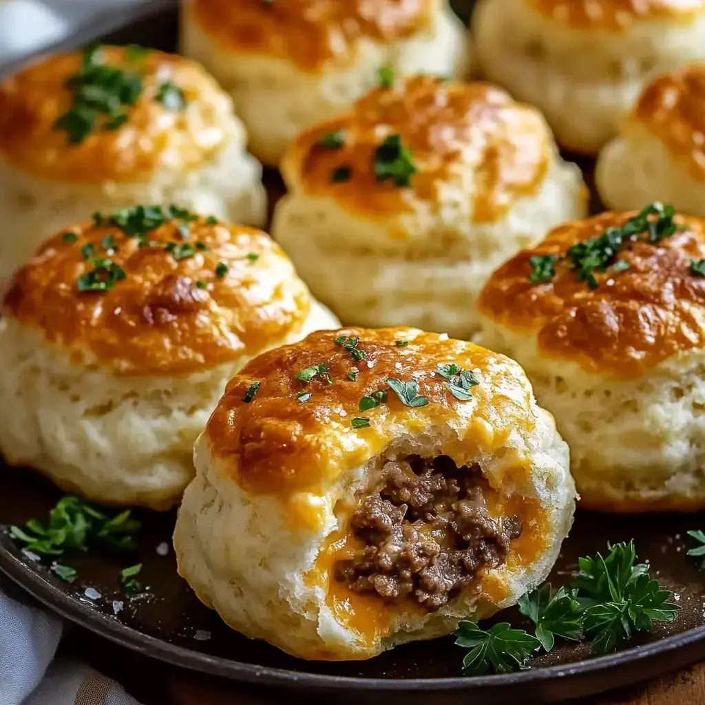 A close-up of golden, flaky biscuits with a savory beef filling, garnished with chopped parsley on top.