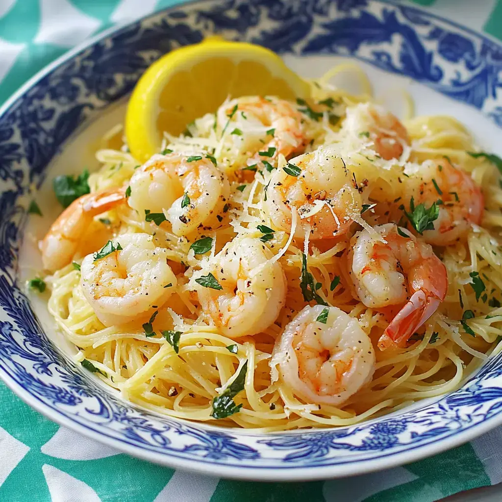 A plate of linguine topped with shrimp, parsley, and grated cheese, garnished with a lemon wedge.