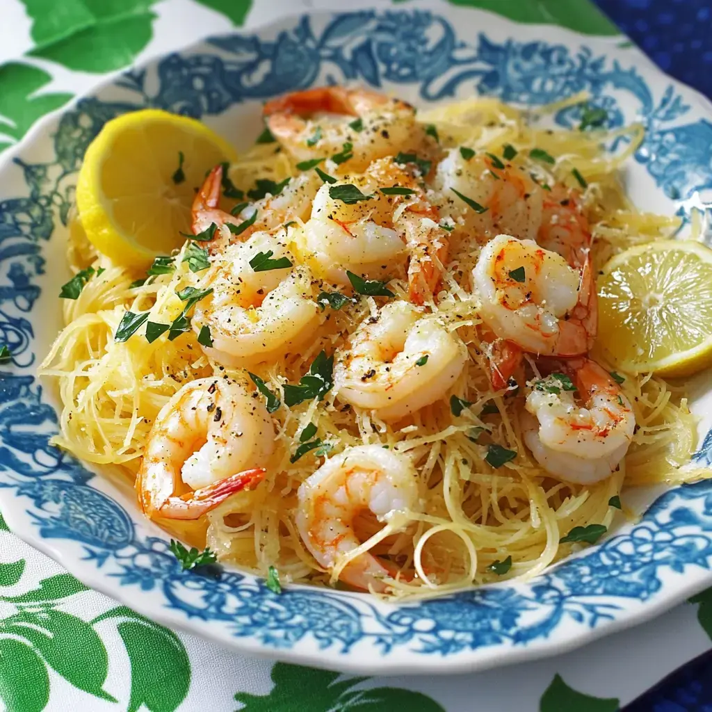 A plate of spaghetti topped with shrimp, lemon wedges, and parsley, served in a decorative blue-patterned dish.