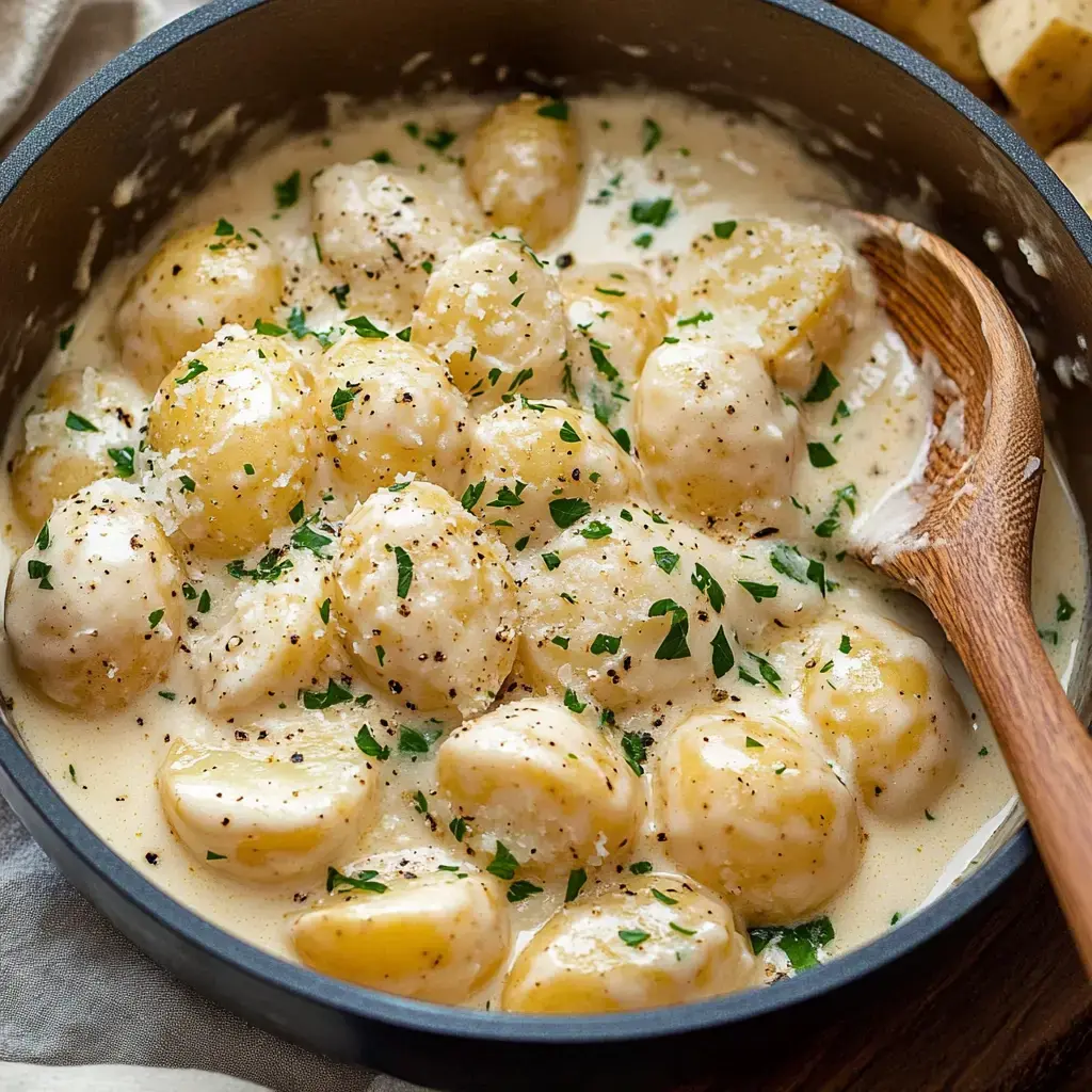 A creamy dish of small yellow potatoes garnished with parsley and black pepper in a dark pot, alongside a wooden spoon.