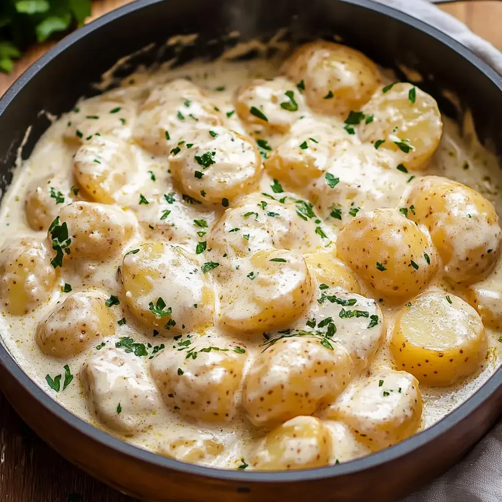 A bowl of creamy, cooked potatoes garnished with parsley.