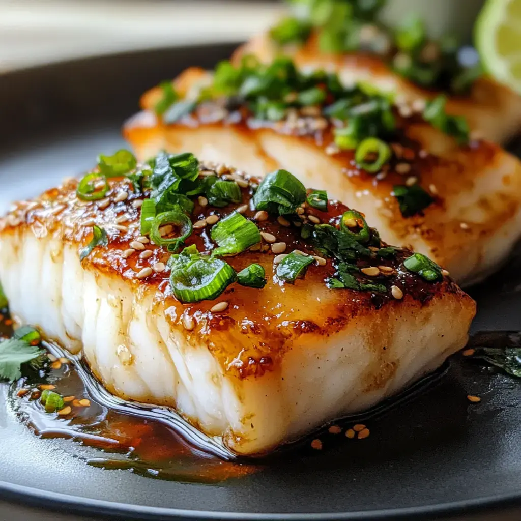 A close-up of cooked fish fillets garnished with green onions and sesame seeds, served on a dark plate with a flavorful sauce.