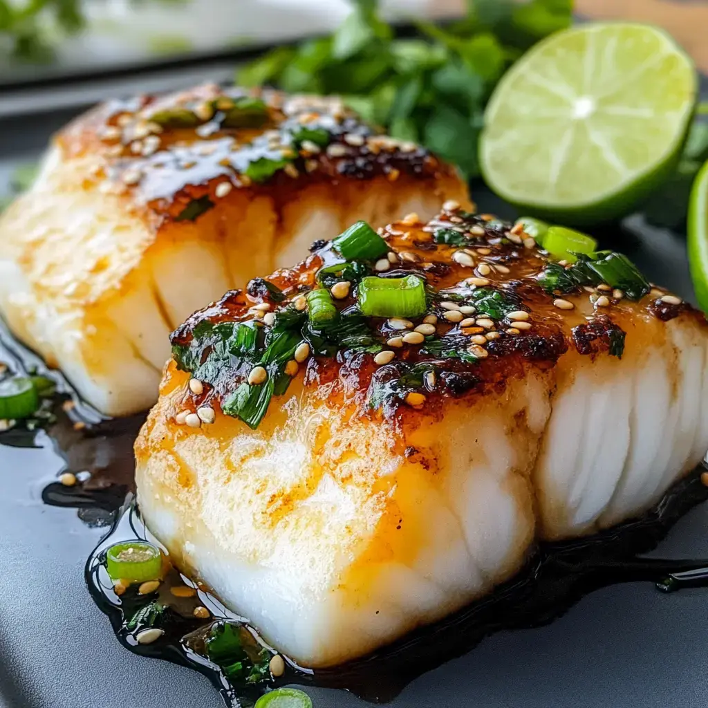 Two pieces of perfectly cooked fish are garnished with green onions and sesame seeds, served with sliced lime and fresh herbs on a black plate.