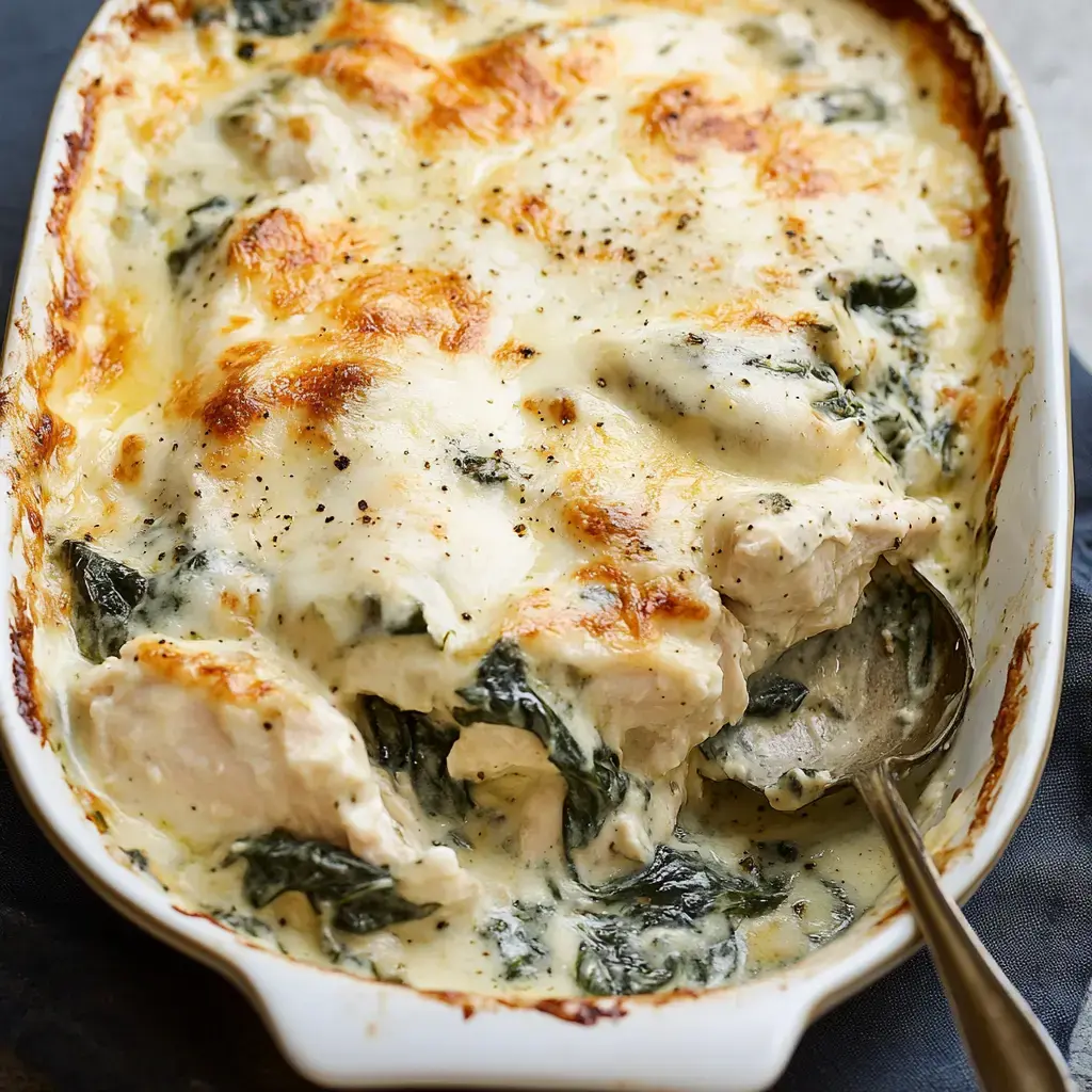 A creamy chicken and spinach casserole with a golden, bubbly top, served in a white dish.