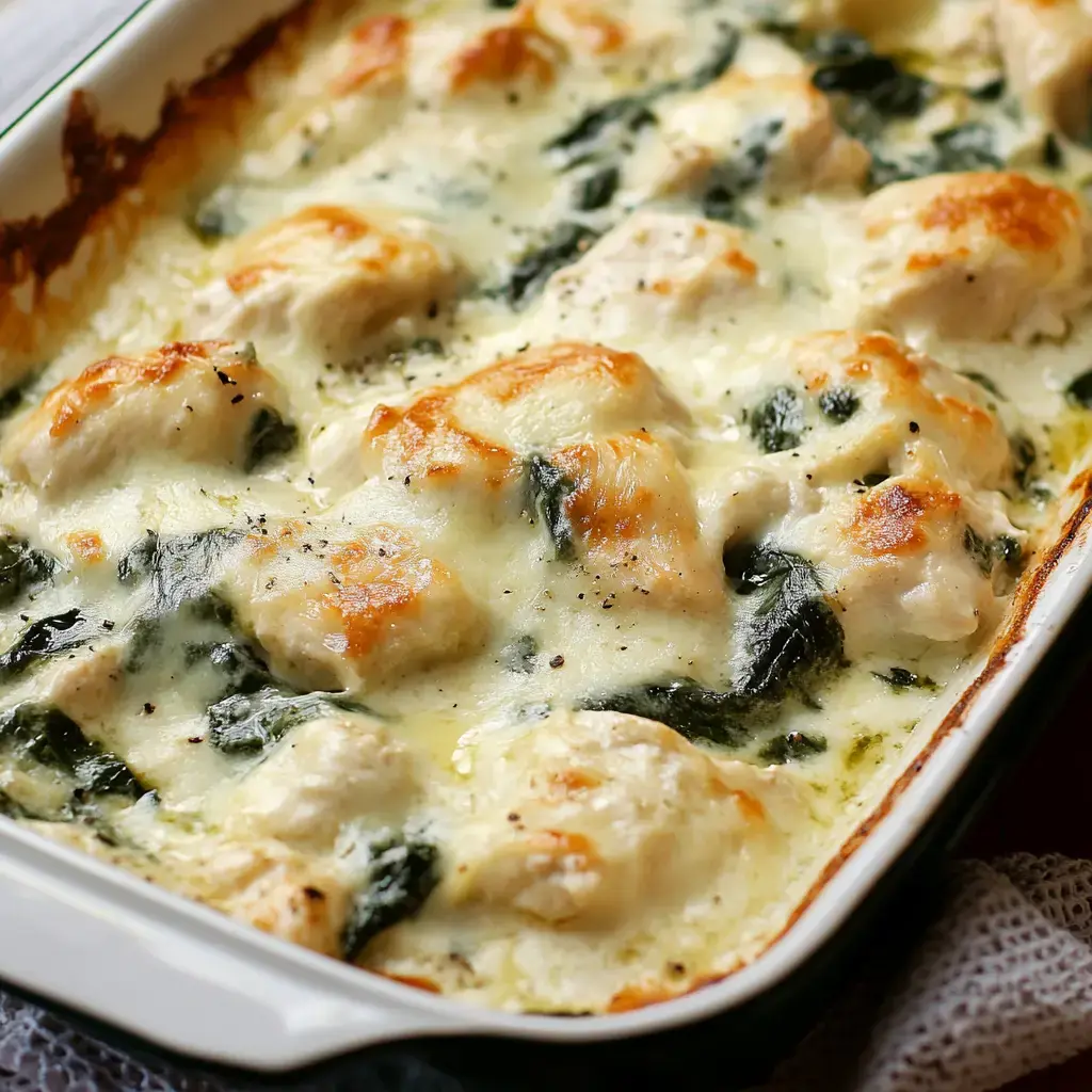 A close-up view of a baked dish with chicken, spinach, and cheese, featuring a golden, bubbly topping.