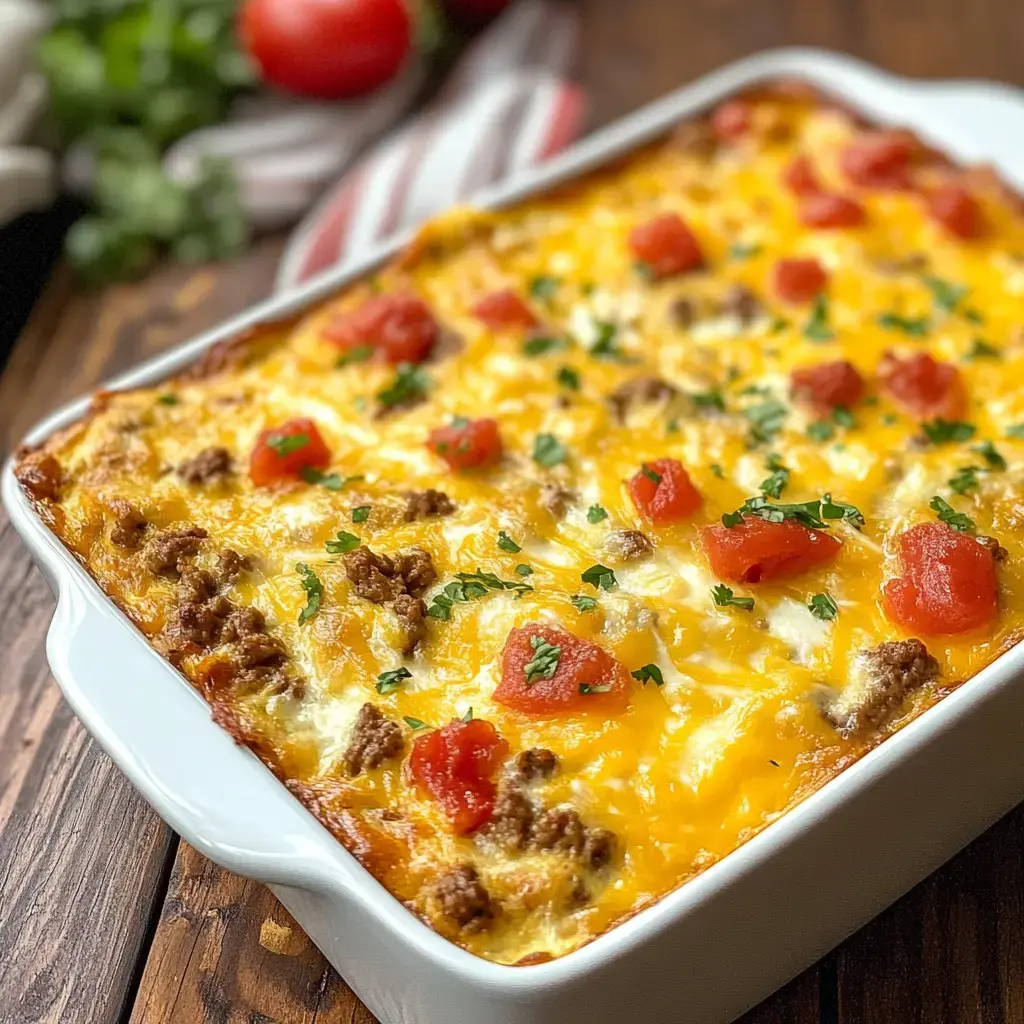 A casserole dish filled with a cheesy meat and tomato topping, garnished with fresh herbs.