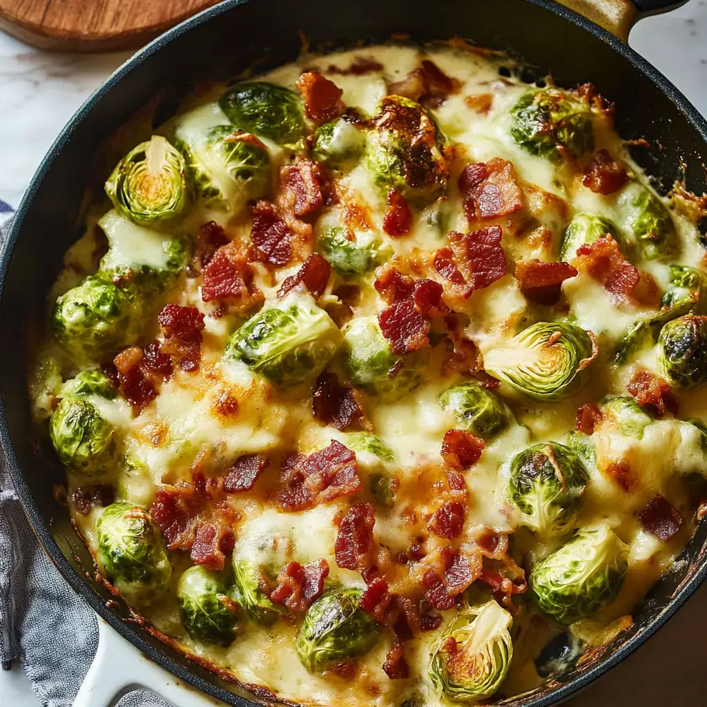 A baked dish featuring Brussels sprouts topped with melted cheese and crispy bacon.