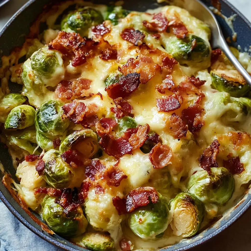 A creamy baked dish featuring Brussels sprouts topped with crispy bacon.