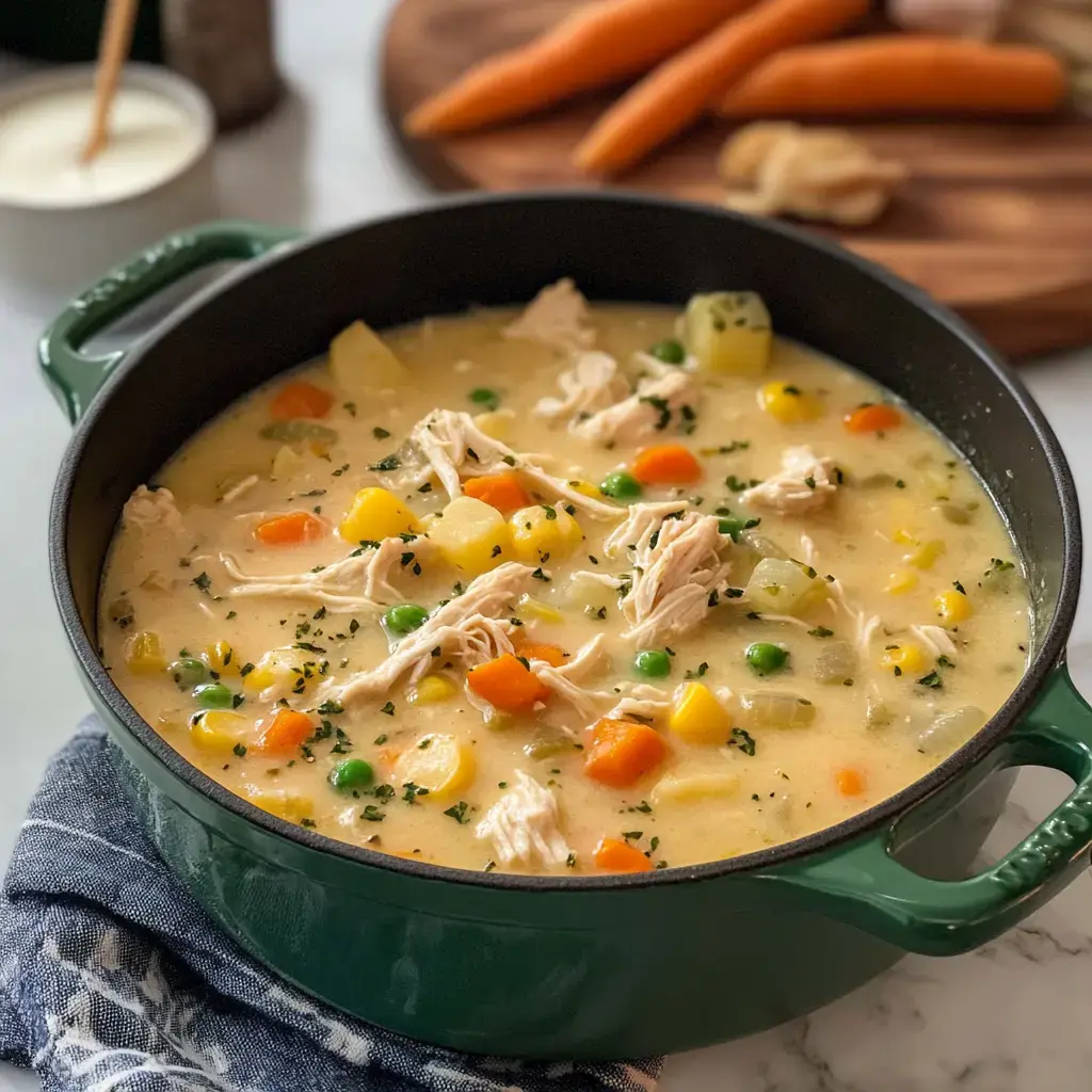 A green pot filled with creamy chicken soup containing shredded chicken, colorful vegetables, and herbs, with carrots in the background.