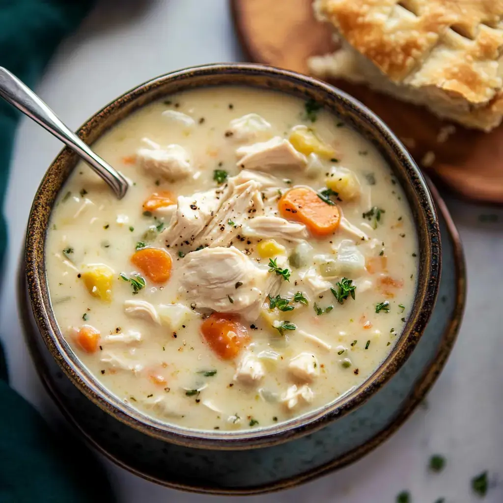 A hearty bowl of chicken soup with vegetables, garnished with herbs, alongside a piece of flaky bread.