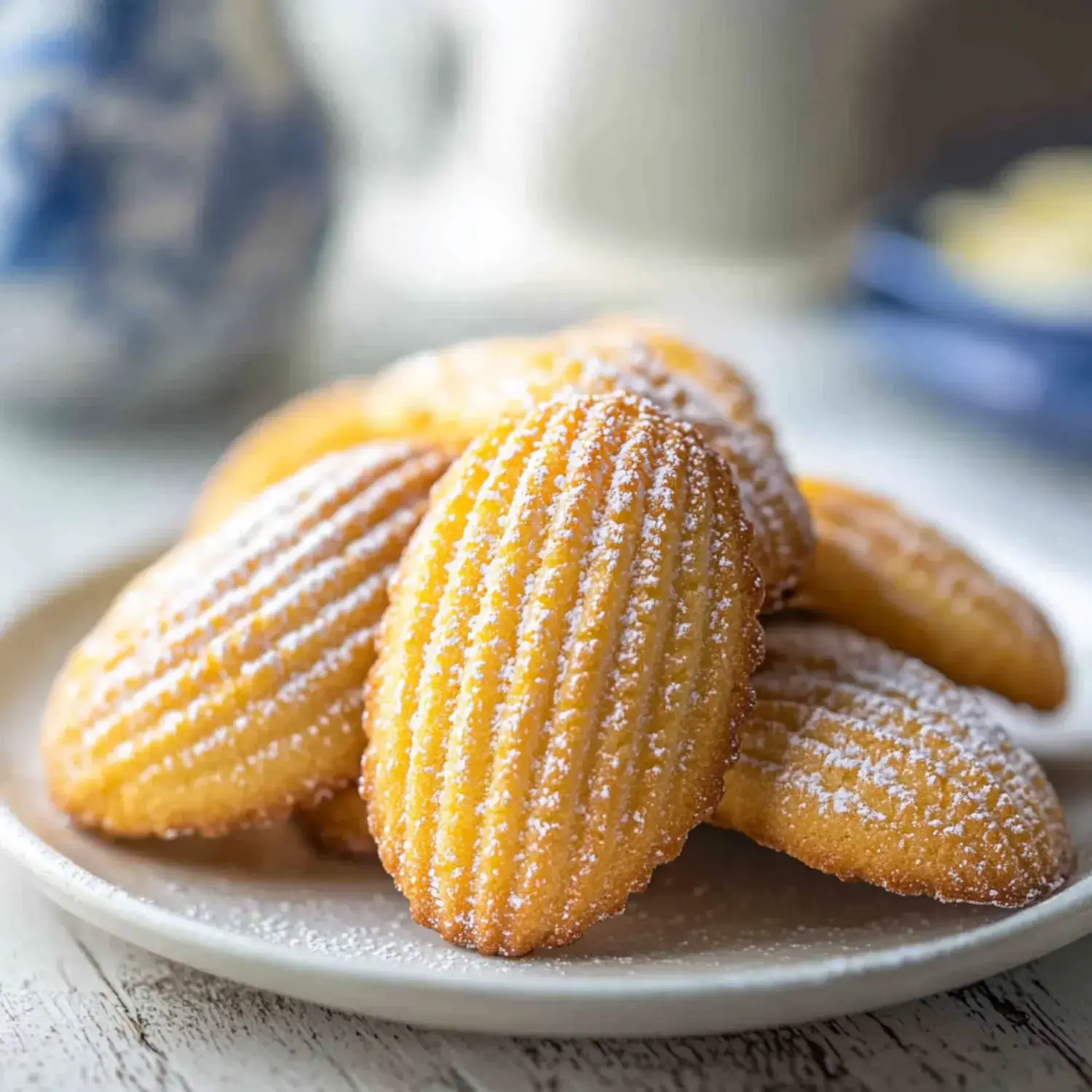 A close-up of a plate stacked with golden madeleine cookies dusted with powdered sugar.