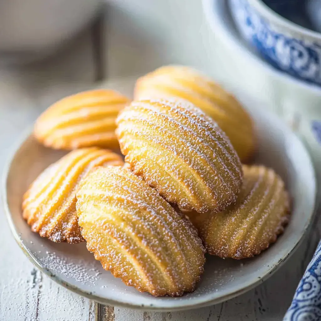 A plate of golden madeleines dusted with powdered sugar.