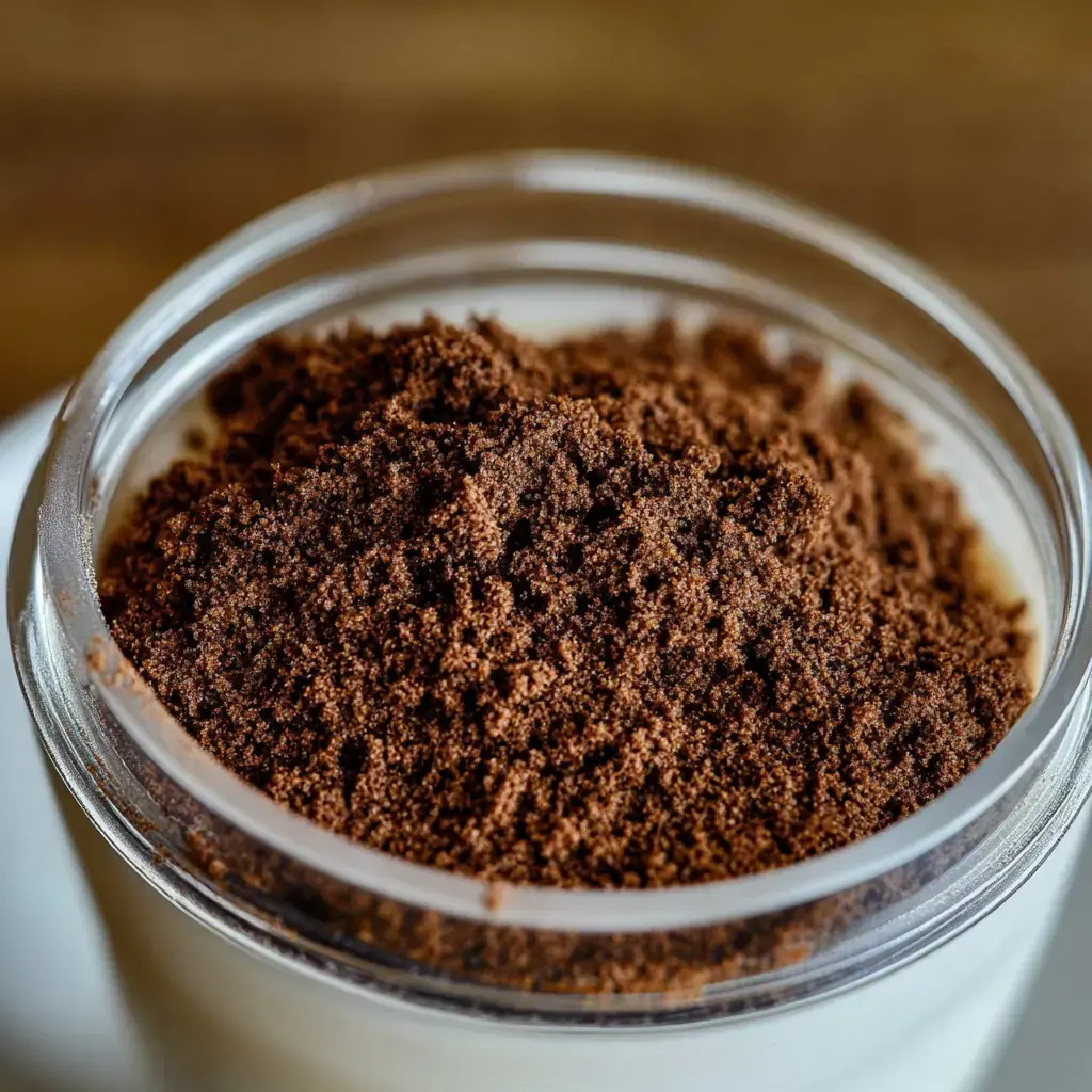 A close-up of a glass jar filled with finely ground brown coffee.