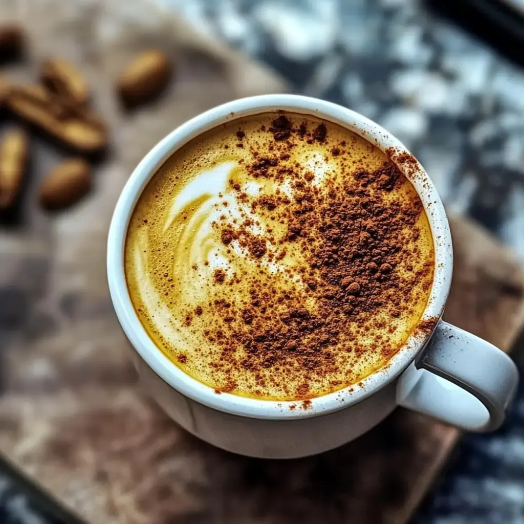 A white mug filled with frothy coffee topped with a sprinkle of cocoa powder, placed on a wooden board with nuts nearby.