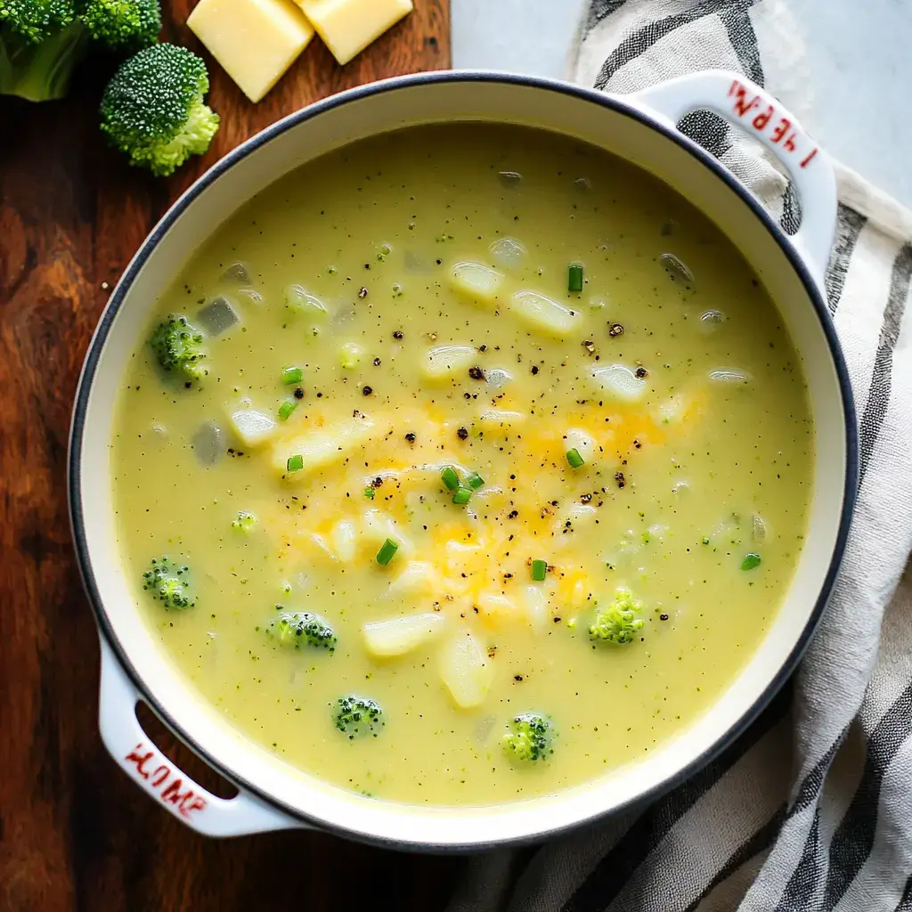 A creamy broccoli cheese soup is shown in a white pot, garnished with shredded cheese, chives, and black pepper, surrounded by broccoli florets and cheese on a wooden board.