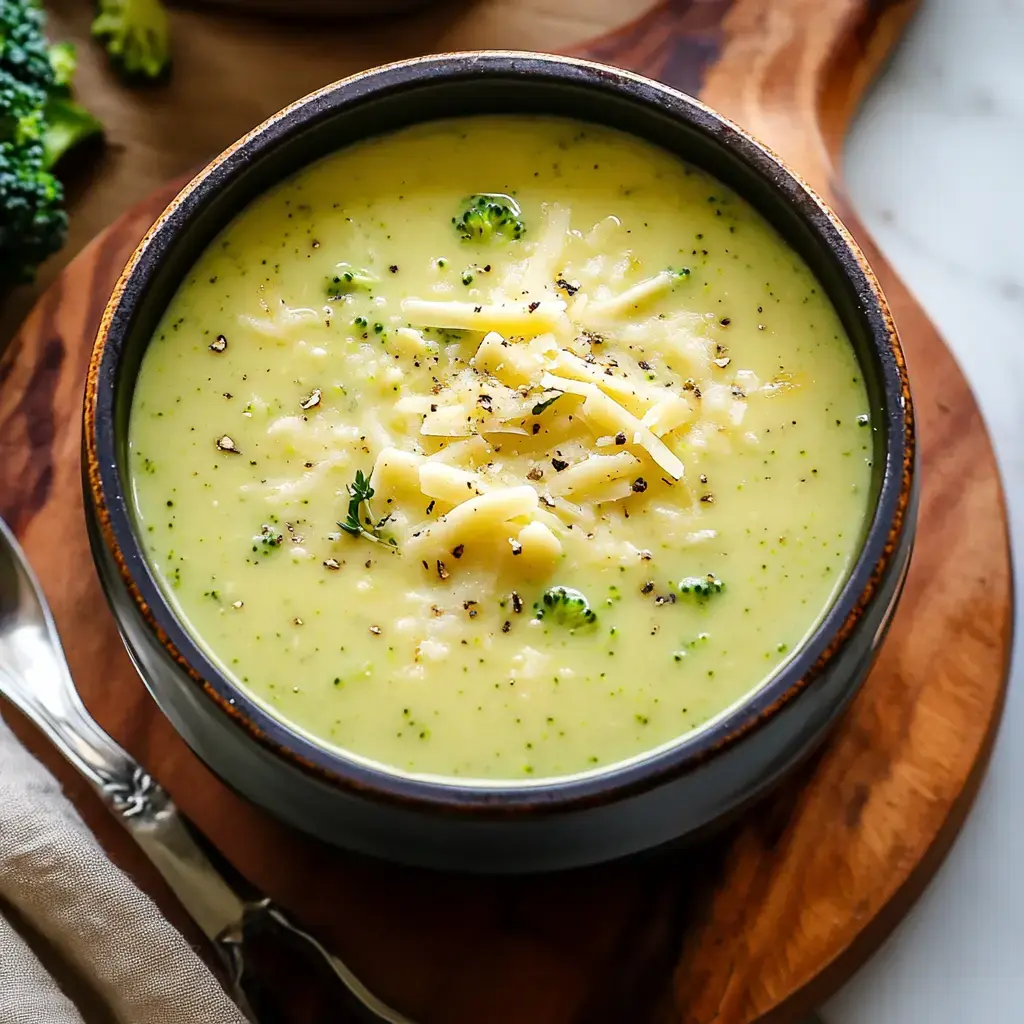 A creamy broccoli cheese soup is served in a dark bowl, garnished with shredded cheese and pepper, on a wooden serving board.