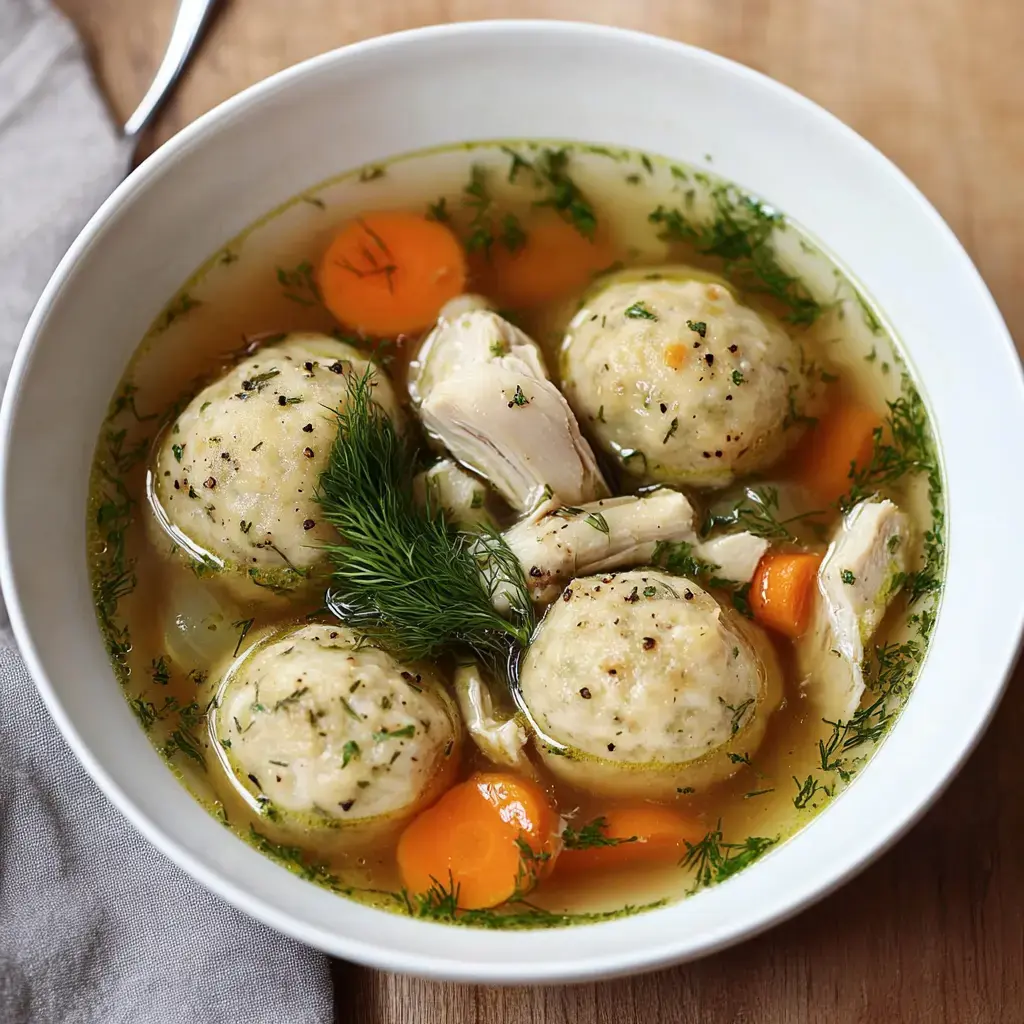 A bowl of chicken soup with dumplings, carrots, and dill in a clear broth.