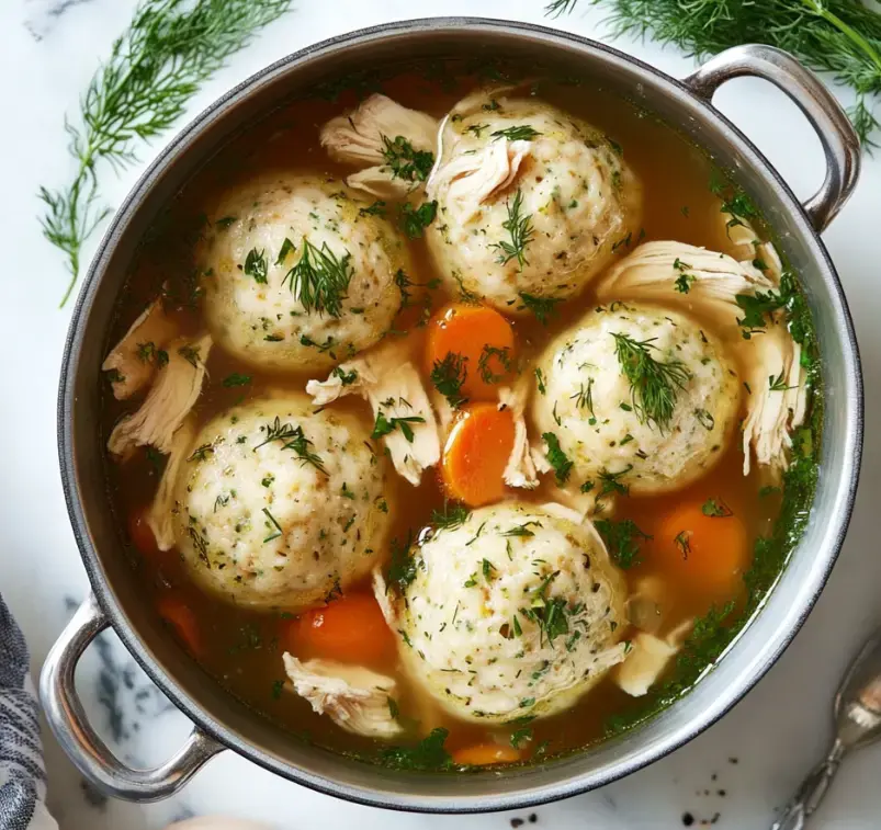 A pot of chicken soup containing dumplings, shredded chicken, and carrots, garnished with fresh herbs.