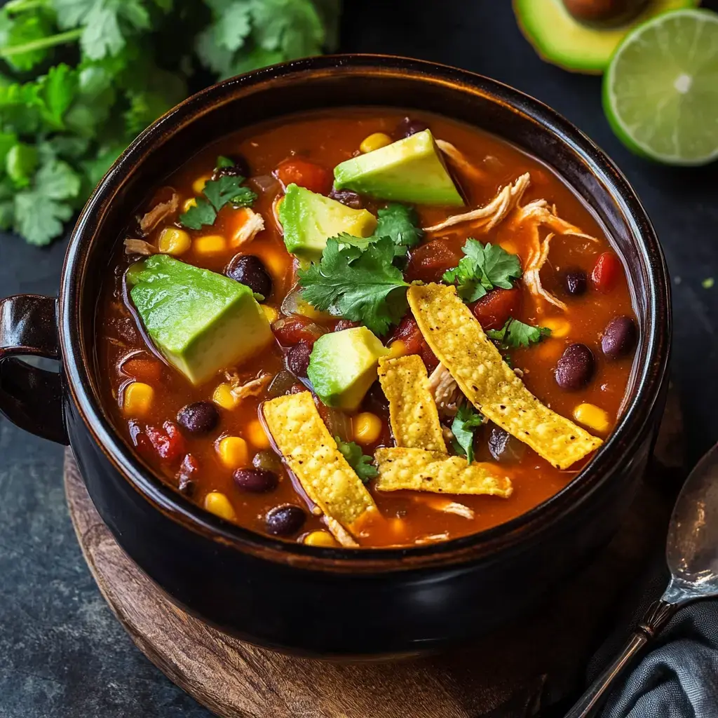 A bowl of hearty soup is topped with avocado, cilantro, and tortilla strips, surrounded by fresh ingredients.