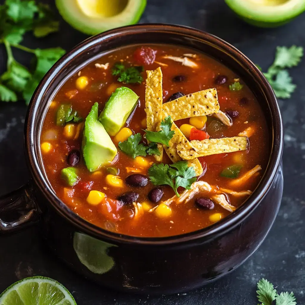 A bowl of hearty soup topped with avocado, tortilla strips, cilantro, and colorful vegetables.