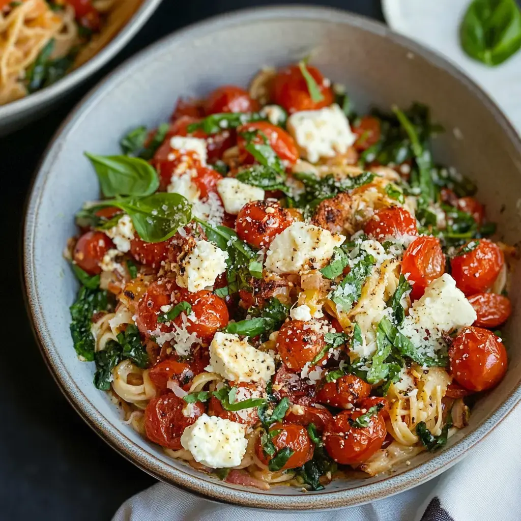 A bowl of pasta topped with roasted cherry tomatoes, fresh basil, spinach, and crumbled cheese.