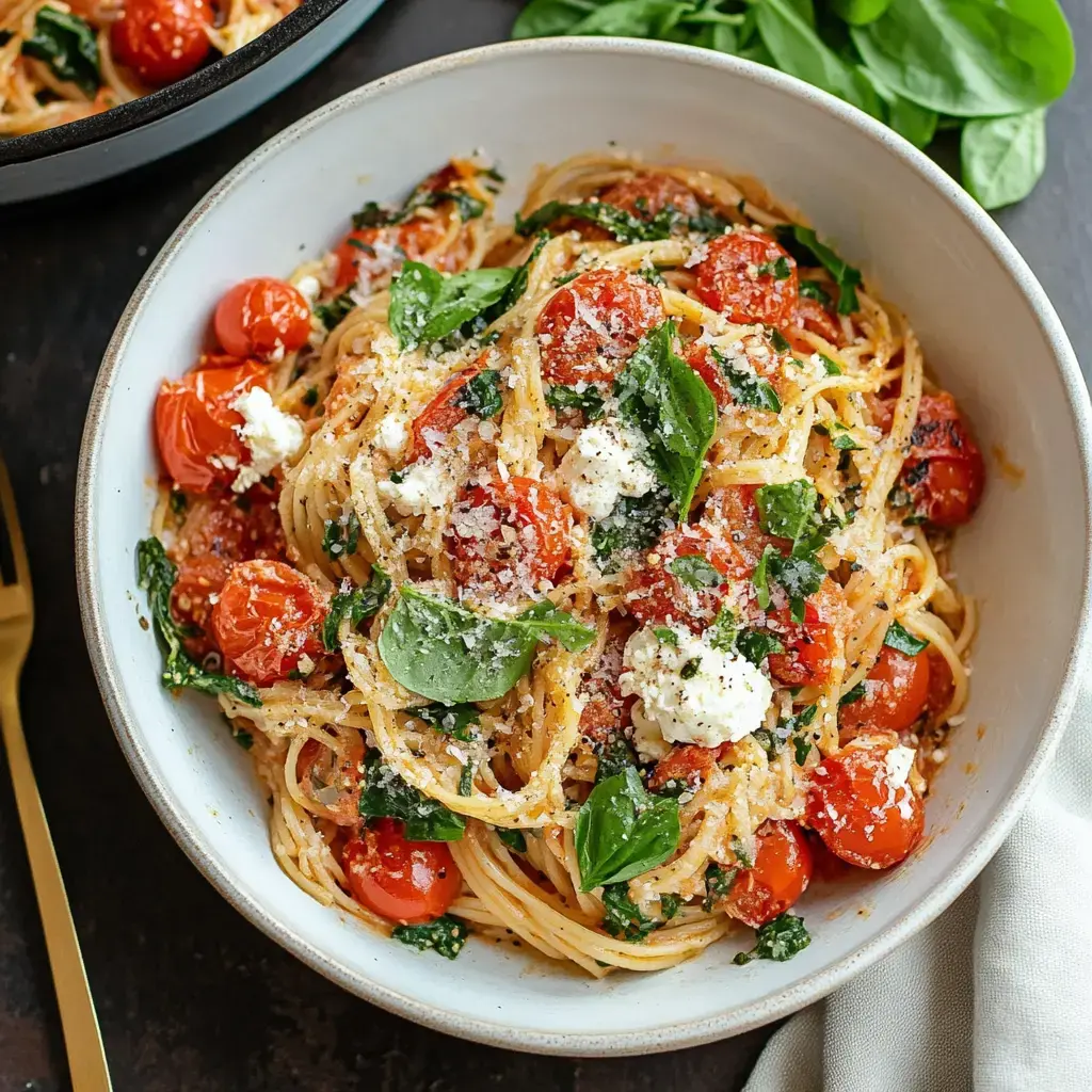 A bowl of spaghetti topped with roasted cherry tomatoes, fresh basil, and crumbled cheese on a dark surface.