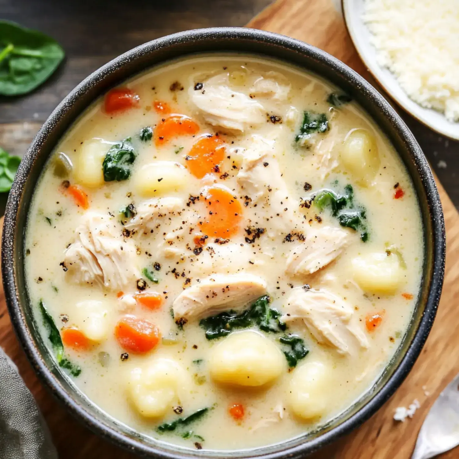 A bowl of creamy chicken and gnocchi soup garnished with spinach, carrots, and black pepper.