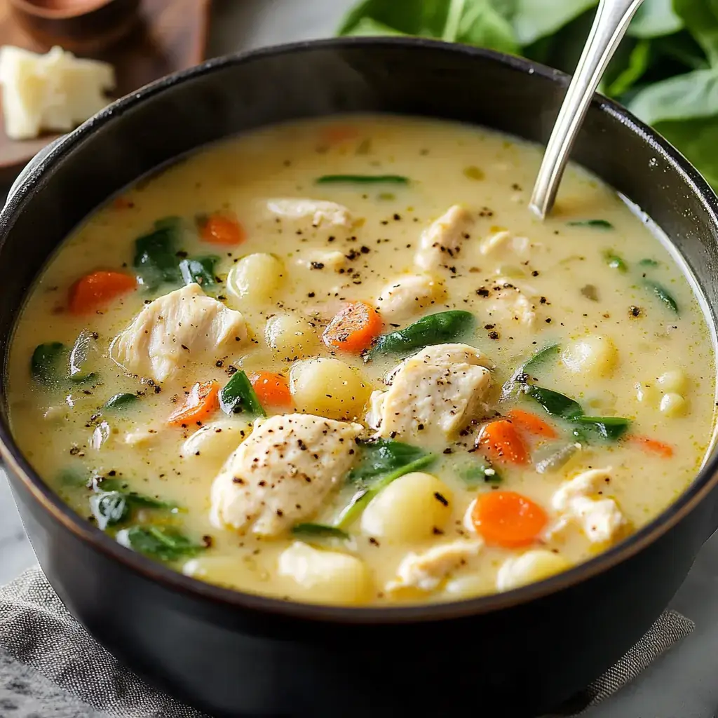 A bowl of creamy chicken soup filled with diced chicken, spinach, carrots, and small dumplings.