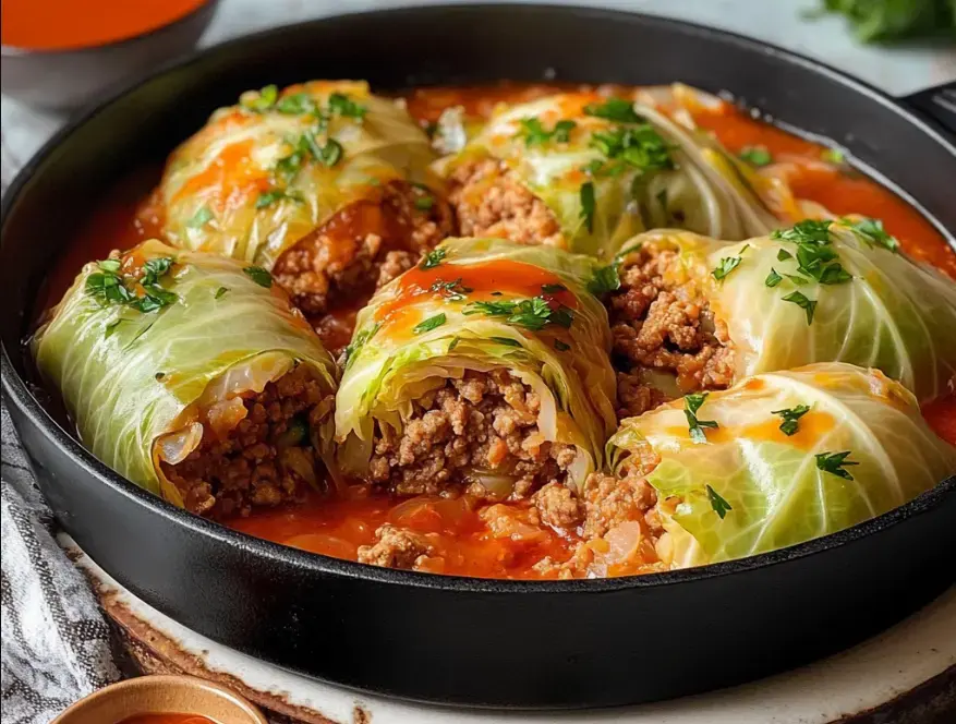 A close-up view of stuffed cabbage rolls filled with ground meat and rice, served in a rich tomato sauce and garnished with parsley.