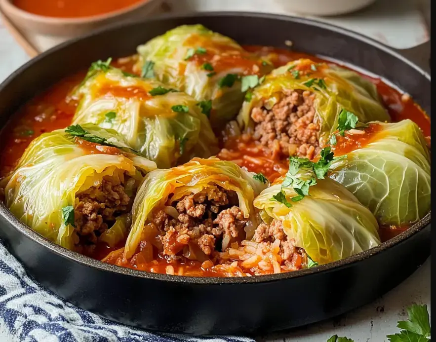 A skillet filled with cabbage rolls stuffed with seasoned ground meat and rice, topped with a red sauce and garnished with fresh herbs.