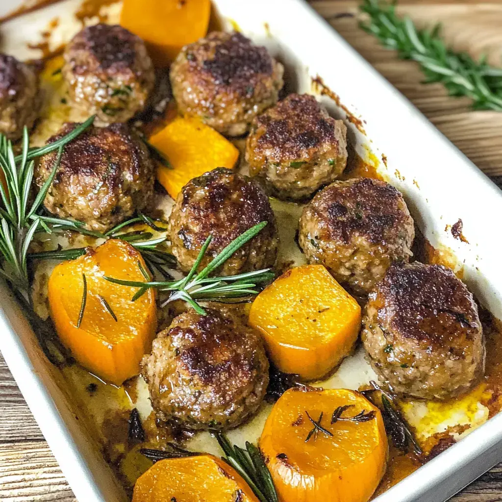 A baking dish filled with golden-brown meatballs and roasted pumpkin slices, garnished with fresh rosemary.