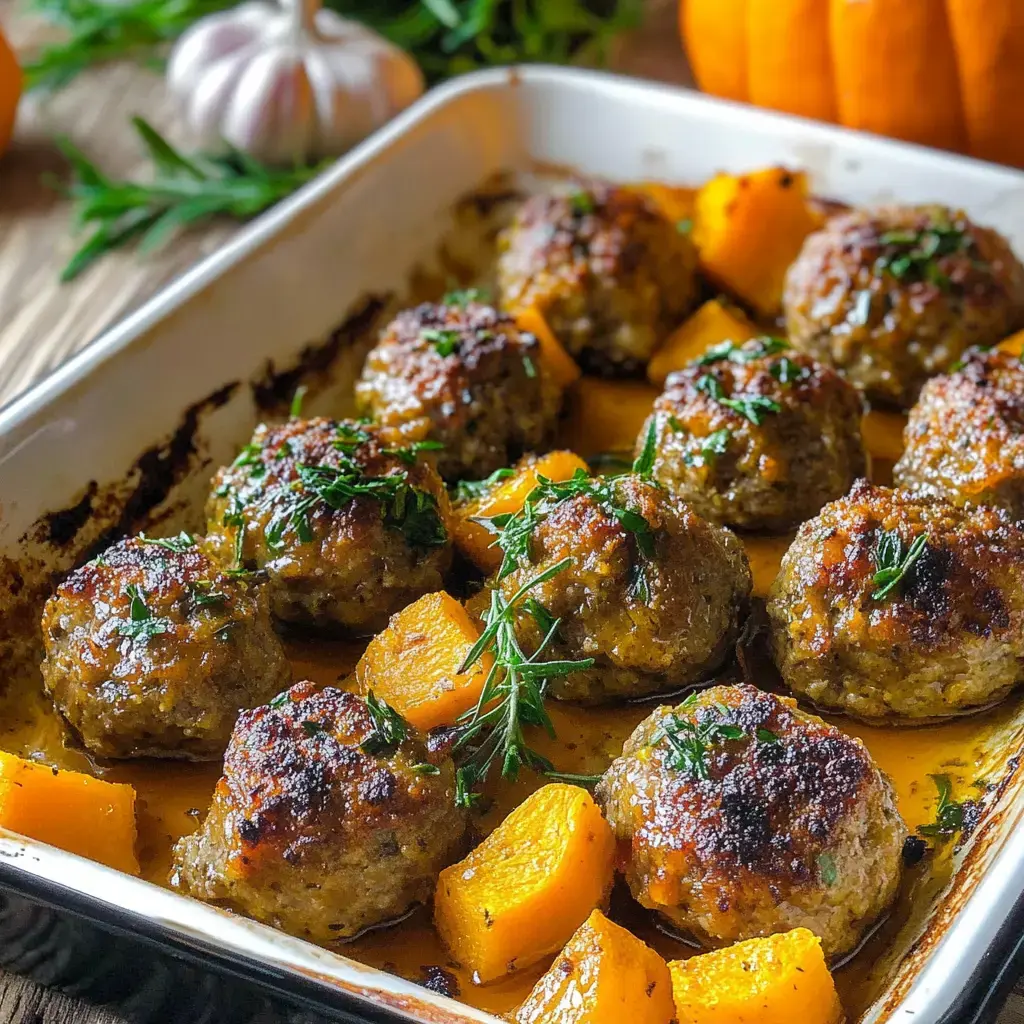 A baking dish filled with golden-brown meatballs surrounded by roasted pumpkin chunks, garnished with fresh herbs.