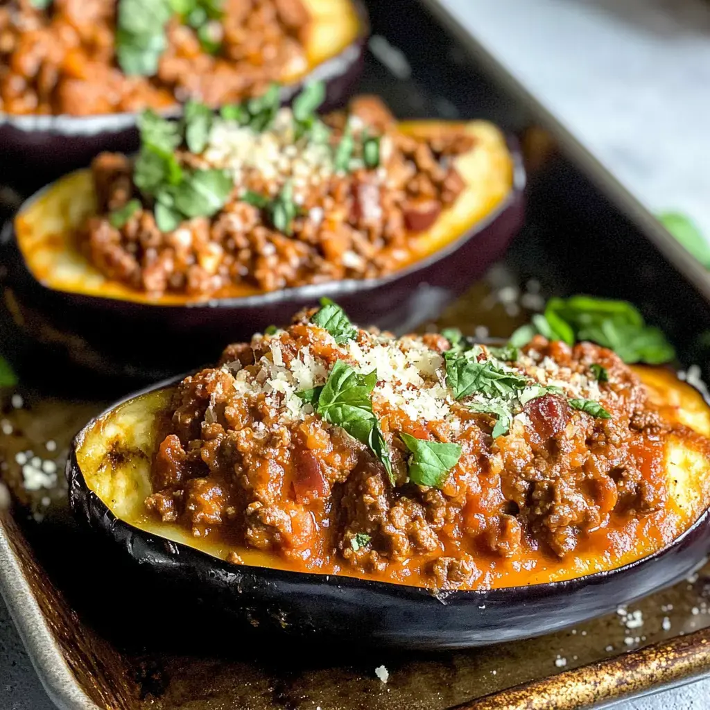 Stuffed eggplant halves filled with a savory meat sauce and topped with green herbs and grated cheese.