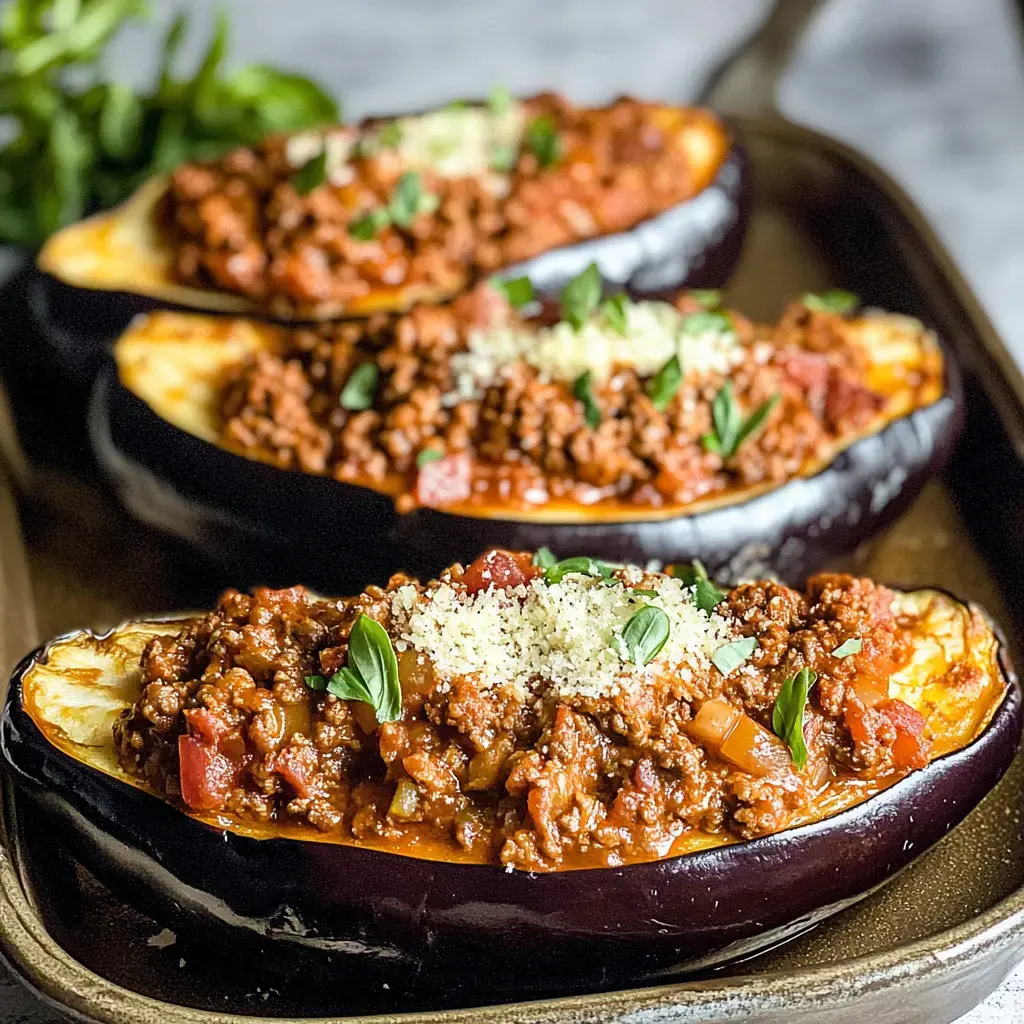 Three stuffed eggplant halves filled with a meat and tomato mixture, topped with herbs and grated cheese, are presented on a plate.