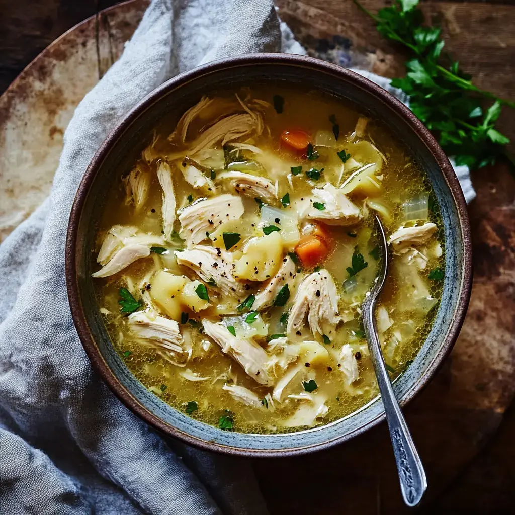 A bowl of chicken soup featuring shredded chicken, vegetables, and herbs, garnished with green parsley.