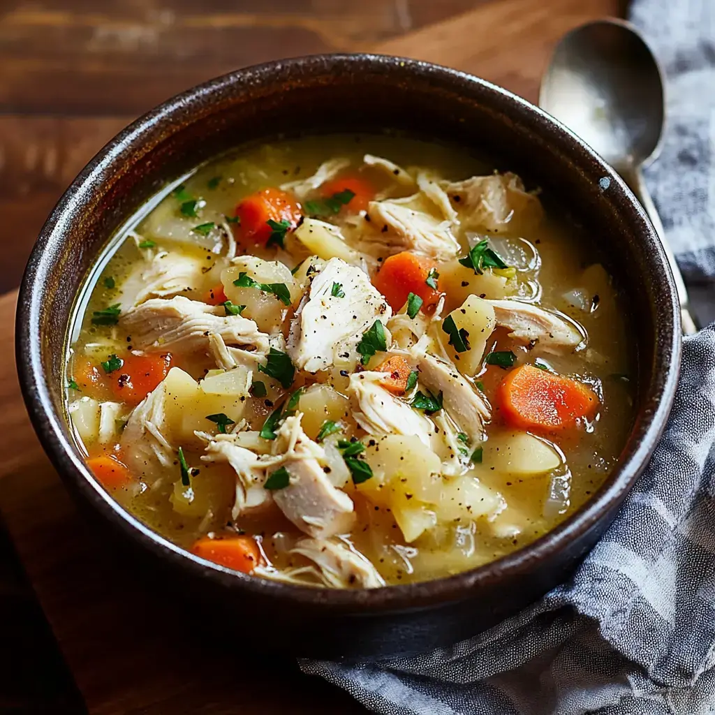 A bowl of chicken soup filled with shredded chicken, diced potatoes, carrots, and fresh parsley, resting on a wooden surface next to a folded cloth napkin and spoon.