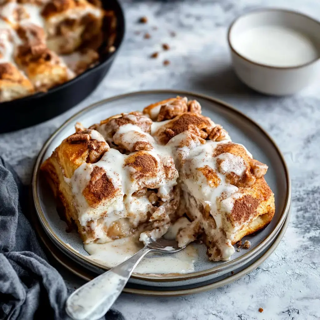 A slice of cinnamon roll casserole topped with creamy icing and sprinkled with cinnamon sits on a plate, with a serving fork beside it and a bowl of milk in the background.