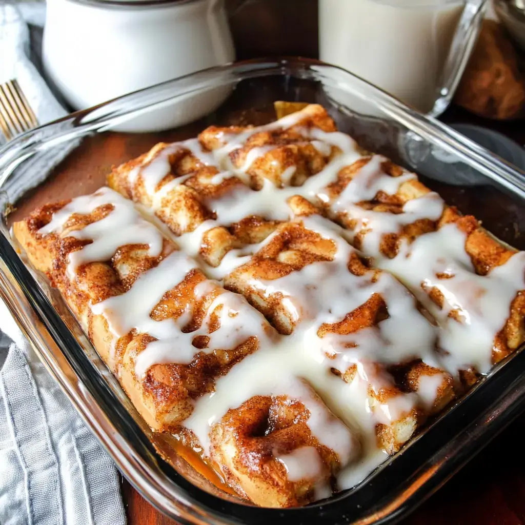 A glass dish filled with cinnamon rolls drizzled with white icing, set on a wooden table next to a glass of milk.