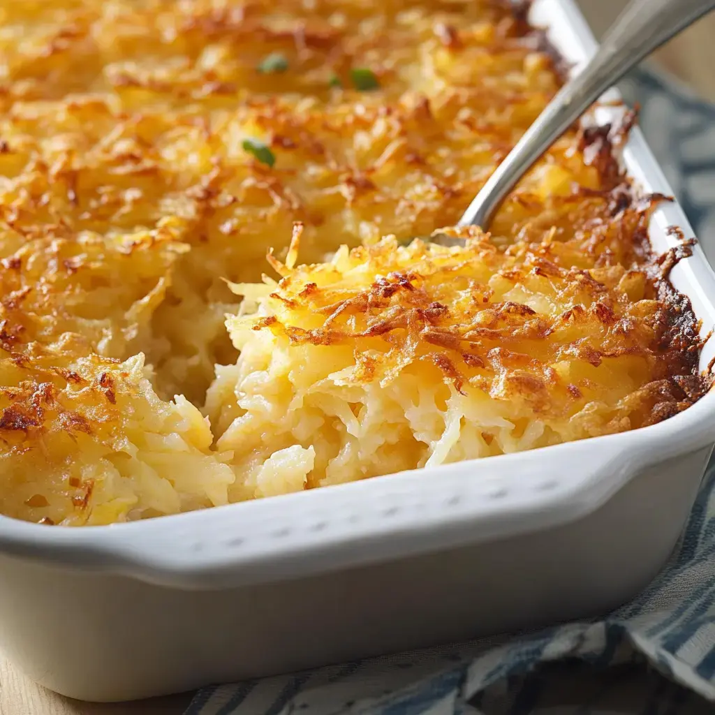 A close-up of a creamy, golden-brown baked potato dish with a crispy top, served in a white casserole dish.