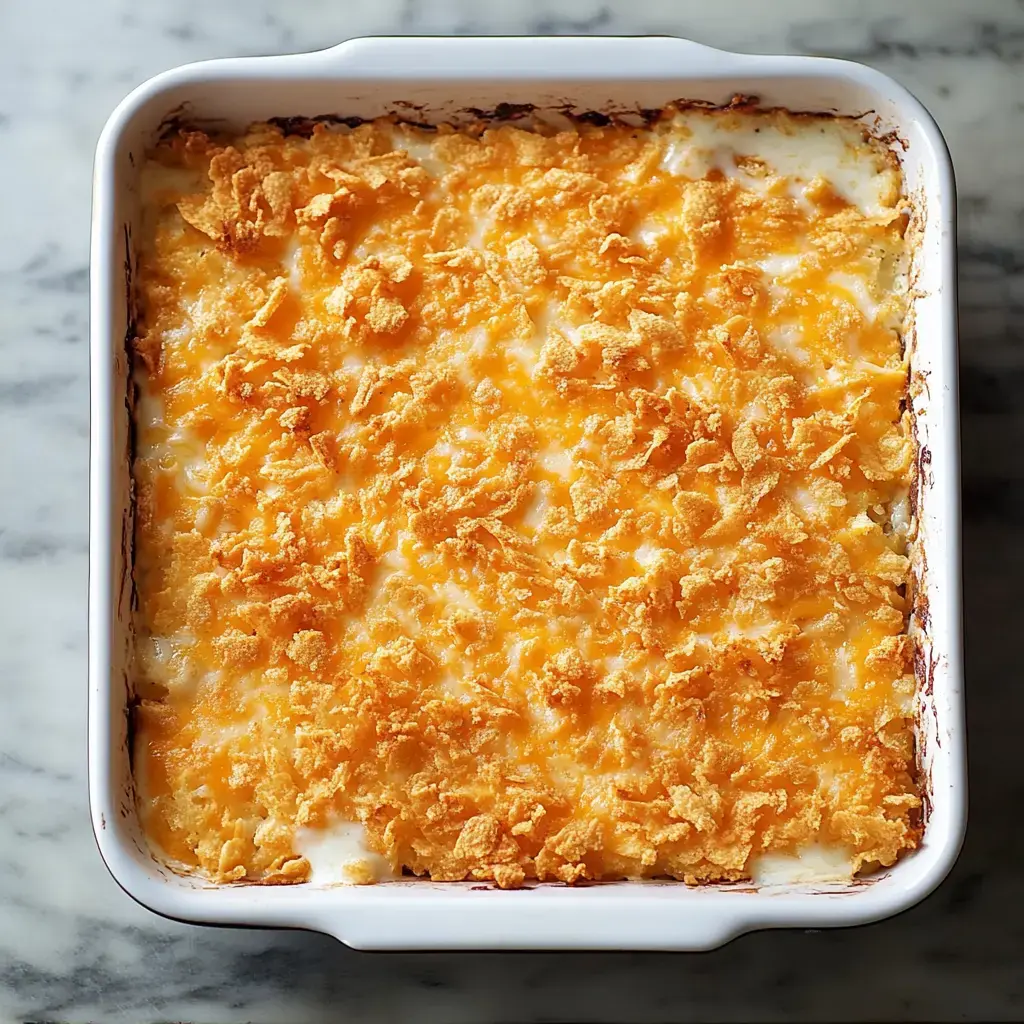 A baked casserole topped with a layer of golden, crunchy corn flakes and melted cheese.