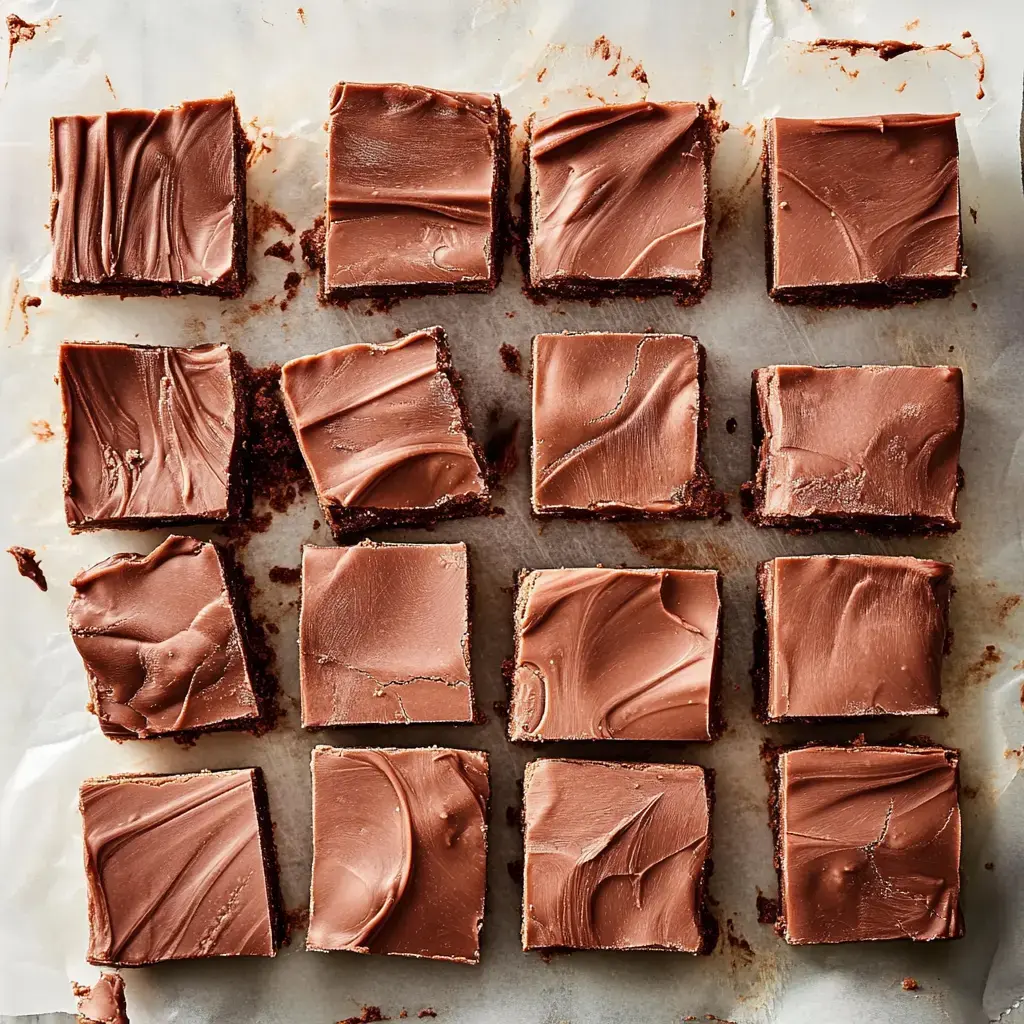 A neatly arranged square of chocolate fudge brownies, topped with smooth, glossy chocolate frosting, placed on parchment paper.