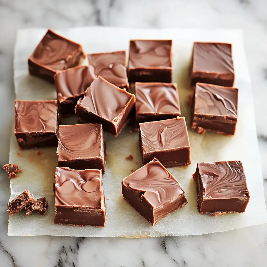 A collection of chocolate fudge squares arranged on a piece of parchment paper.