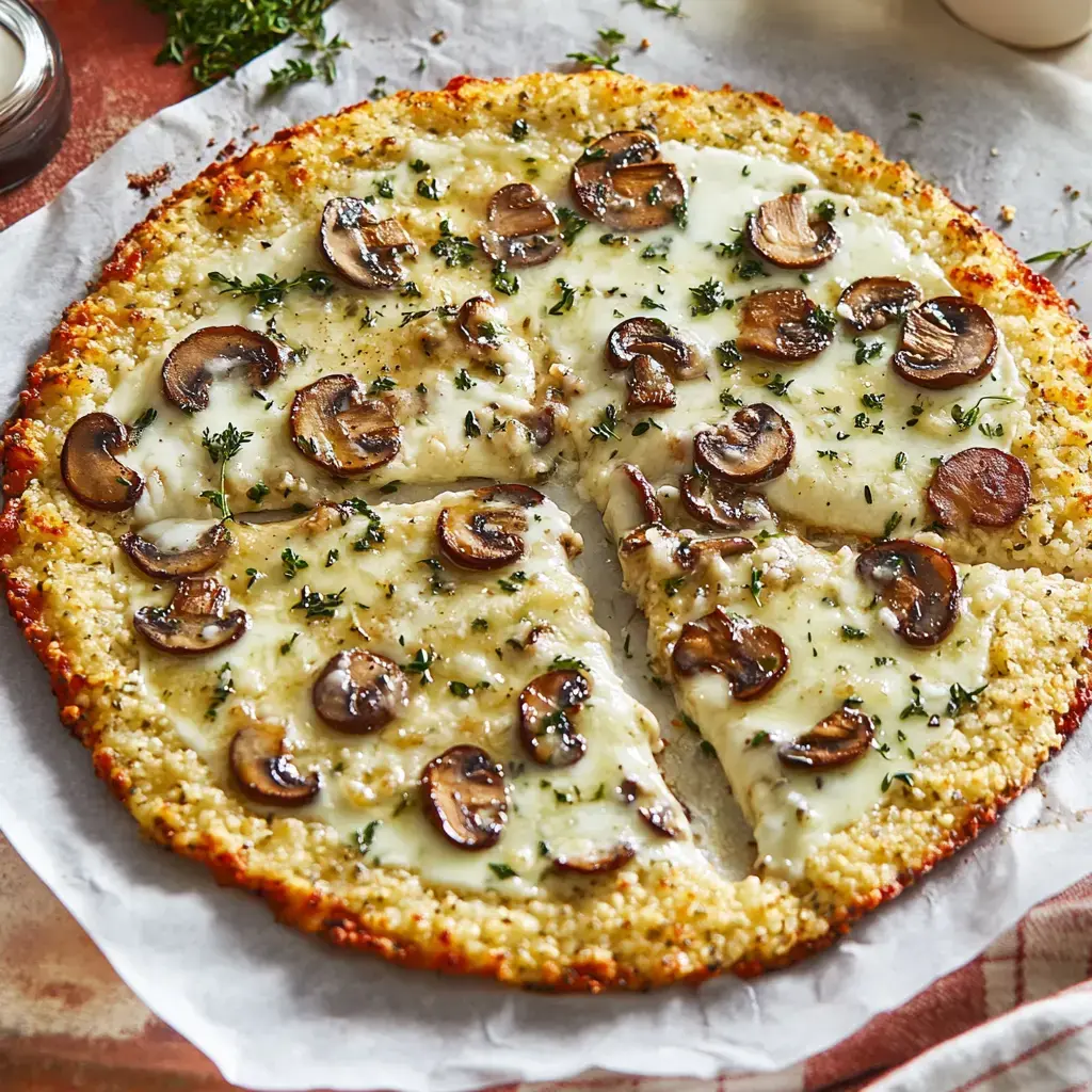 A freshly baked mushroom pizza with a golden crust and melted cheese, partially sliced, sits on parchment paper.