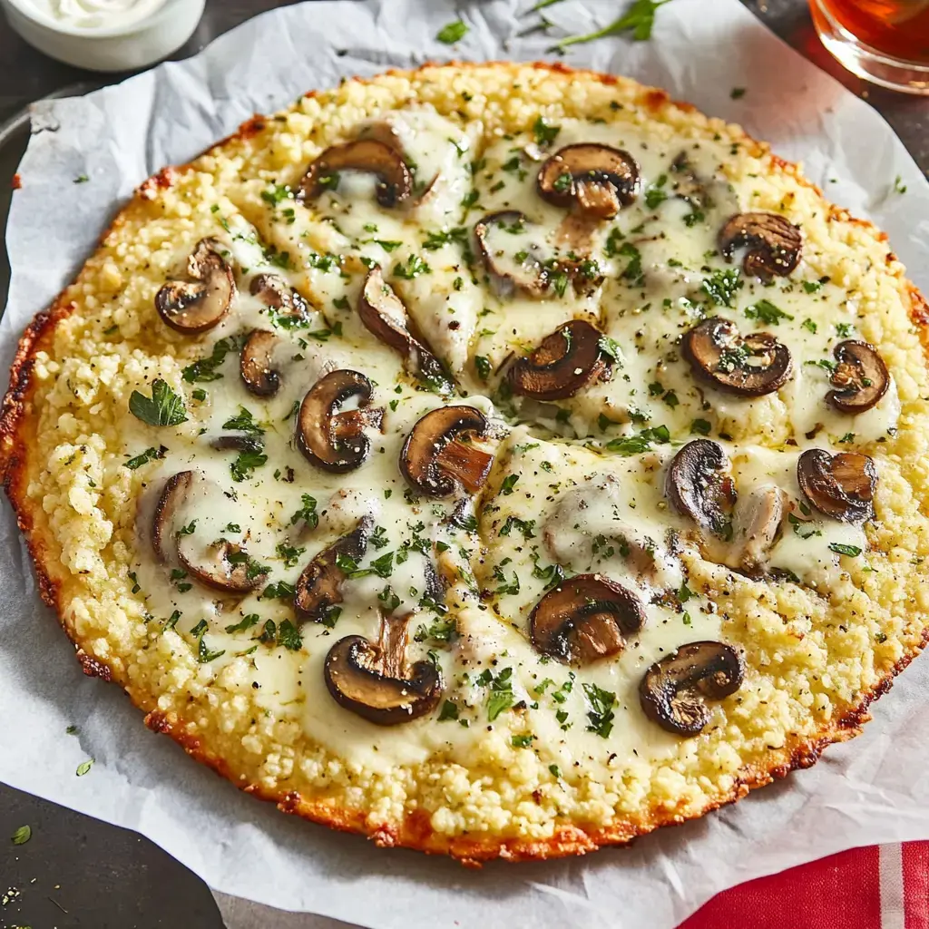 A golden-brown pizza topped with melted cheese, sliced mushrooms, and sprinkled with parsley.