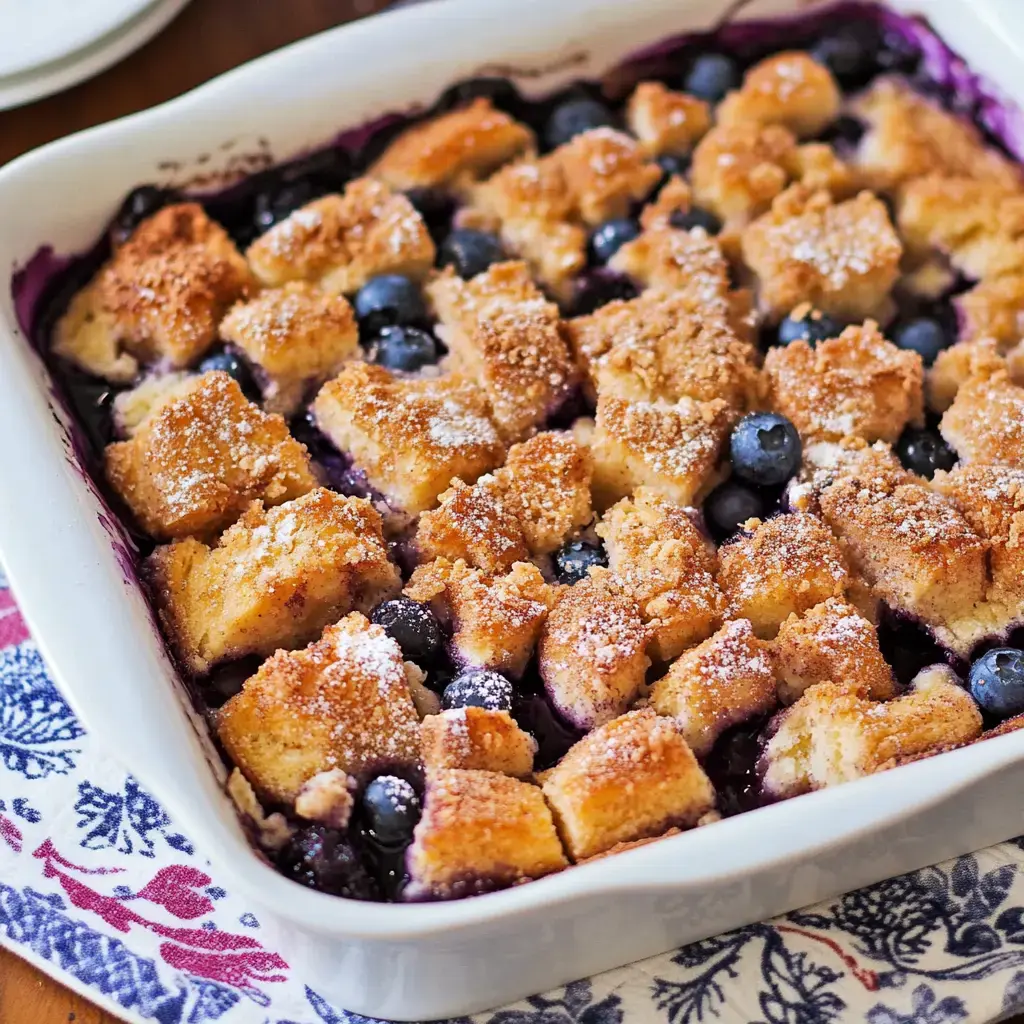 A baked blueberry dessert with a golden, crumbly topping is presented in a white dish.