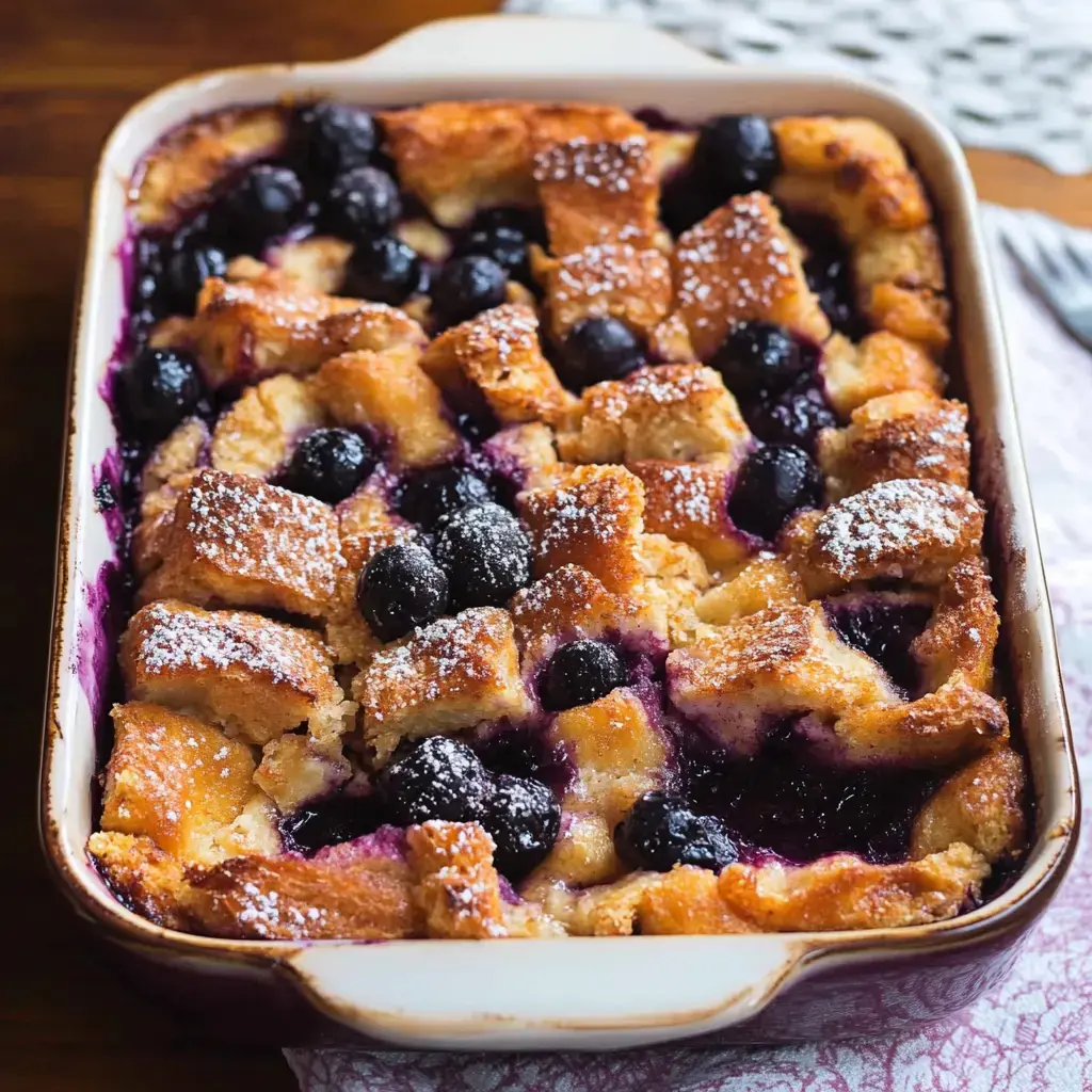 A baked dish featuring golden bread cubes sprinkled with powdered sugar and dotted with dark blueberries.