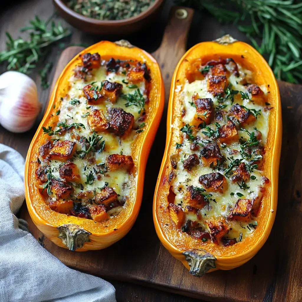 A beautifully roasted butternut squash dish filled with melted cheese, topped with crispy pieces and fresh herbs, served on a wooden board.